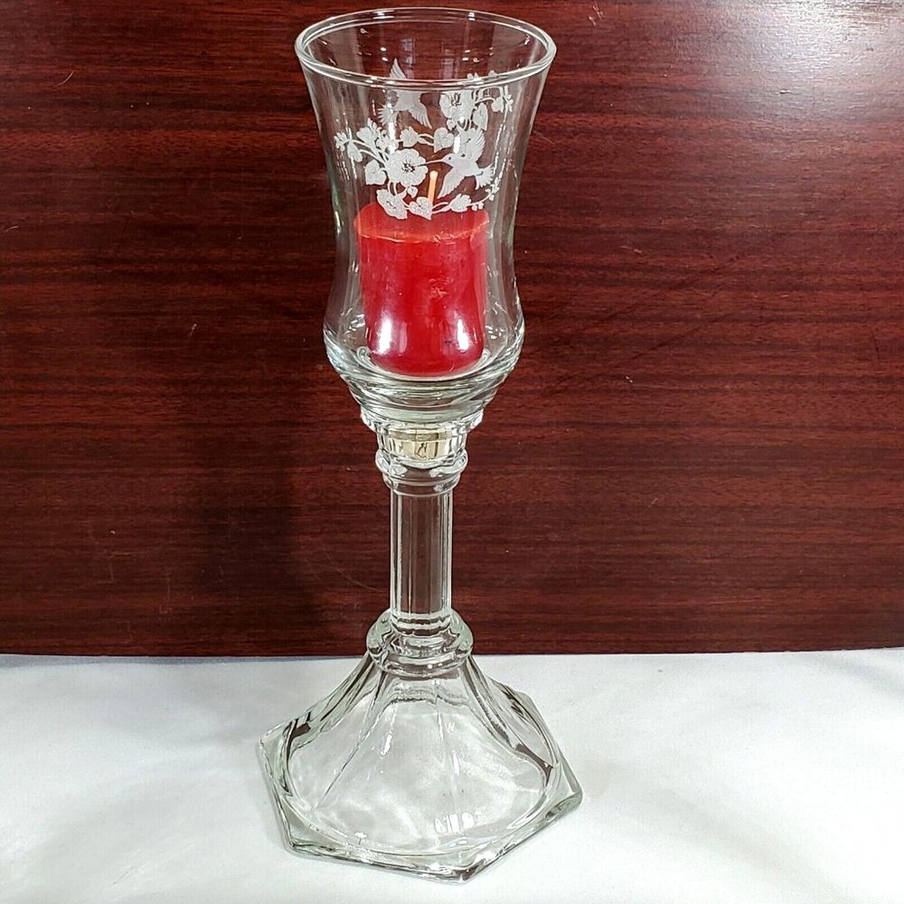 Home Interior Hummingbird Candlestick Holder 11" votive holder etched glass - Picture 4 of 9